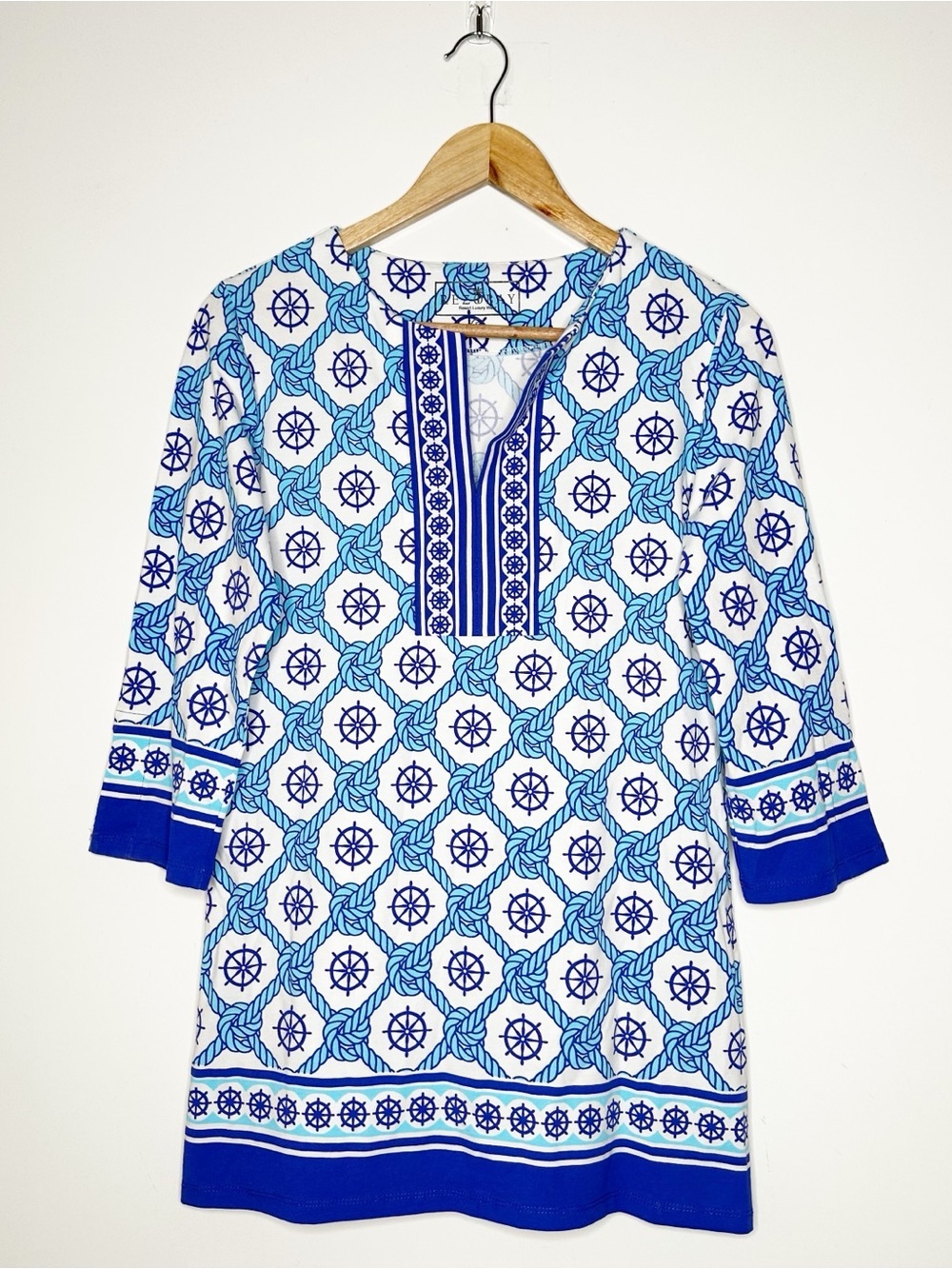 REZOBAY Luxury Resort Wear Nautical Ship Wheel Rope Print Tunic Top Size Small - Picture 2 of 9